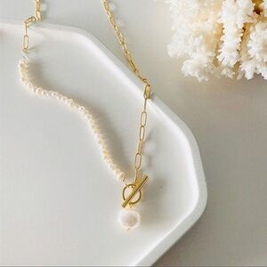 Pearl Semi baroque pearl necklace gold chain luxury jewelry 16”
